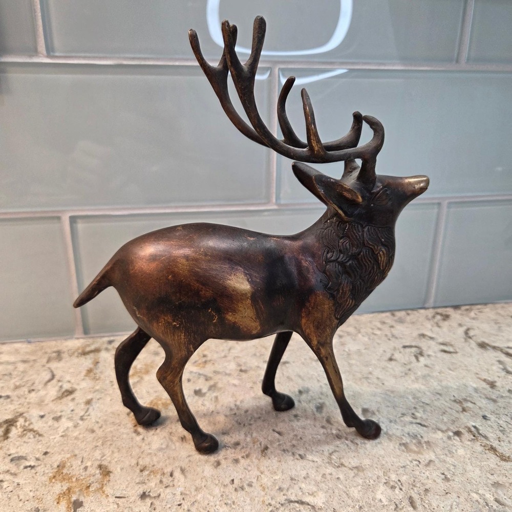 Vintage Bronze Stag Figurine Standing Deer Antler Statue Made in India 8.5 Inch - Picture 6 of 12